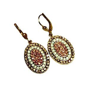 Gold Oval Dangle Earrings with Colorful Crystal Rhinestone Accents